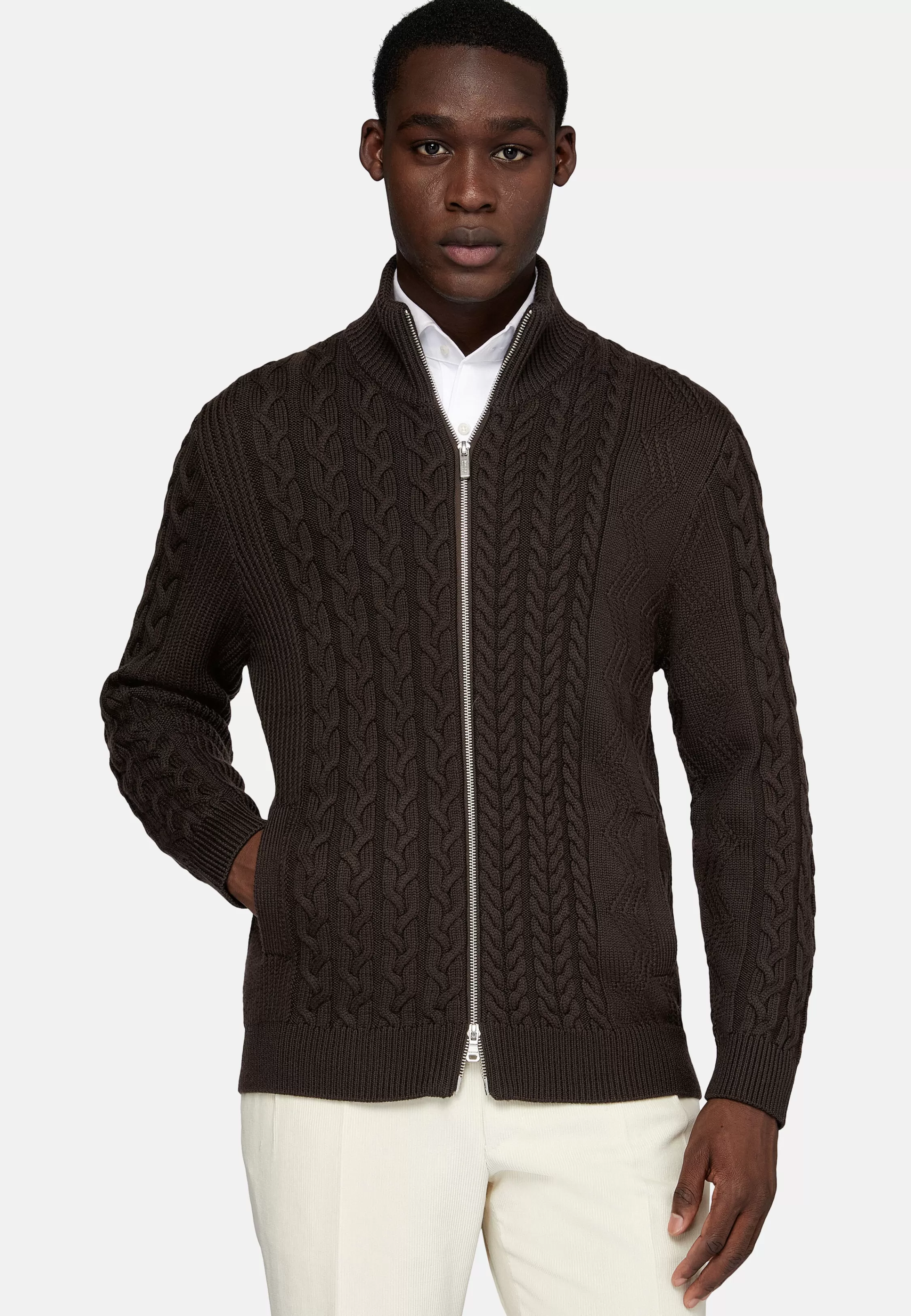 Boggi Milano Brown Mixed Stitch Merino Wool Full Zip Jumper