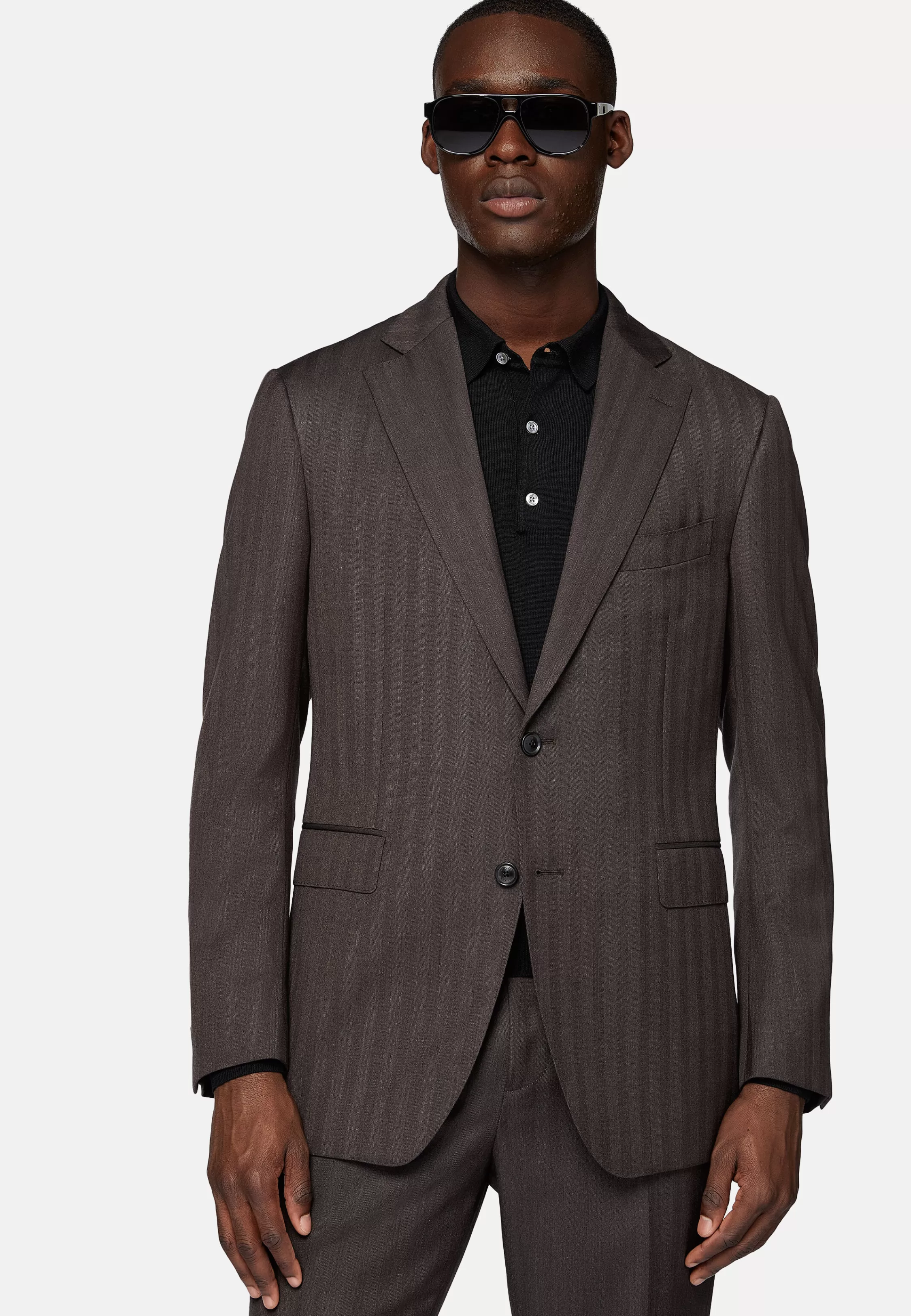 Boggi Milano Dark Herringbone Suit In Pure Super 130 Wool