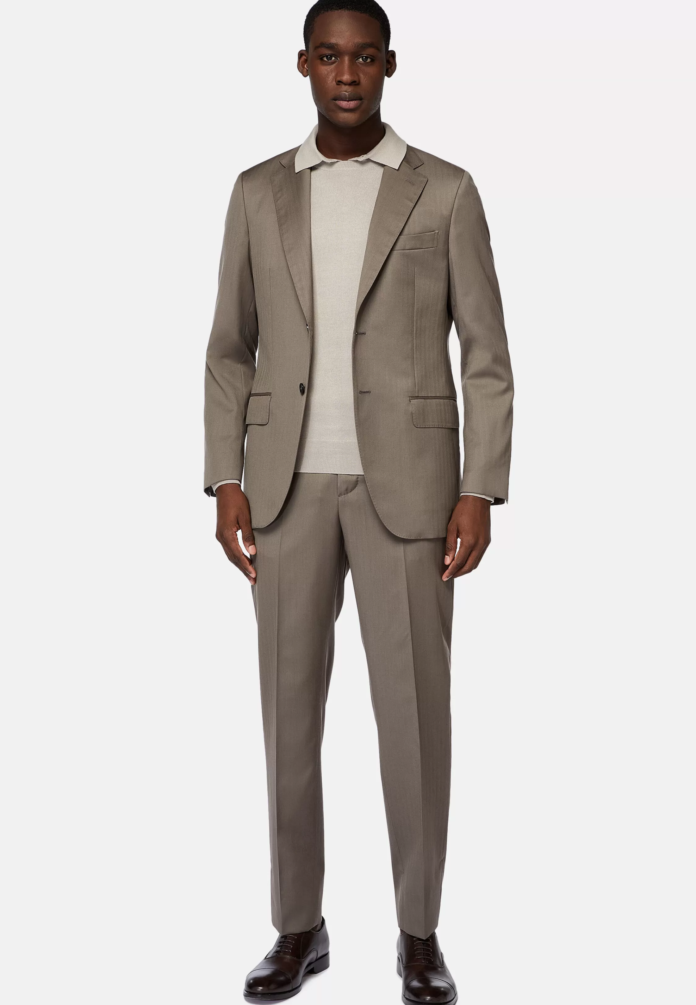 Boggi Milano Dove Grey Herringbone Pure Wool Suit