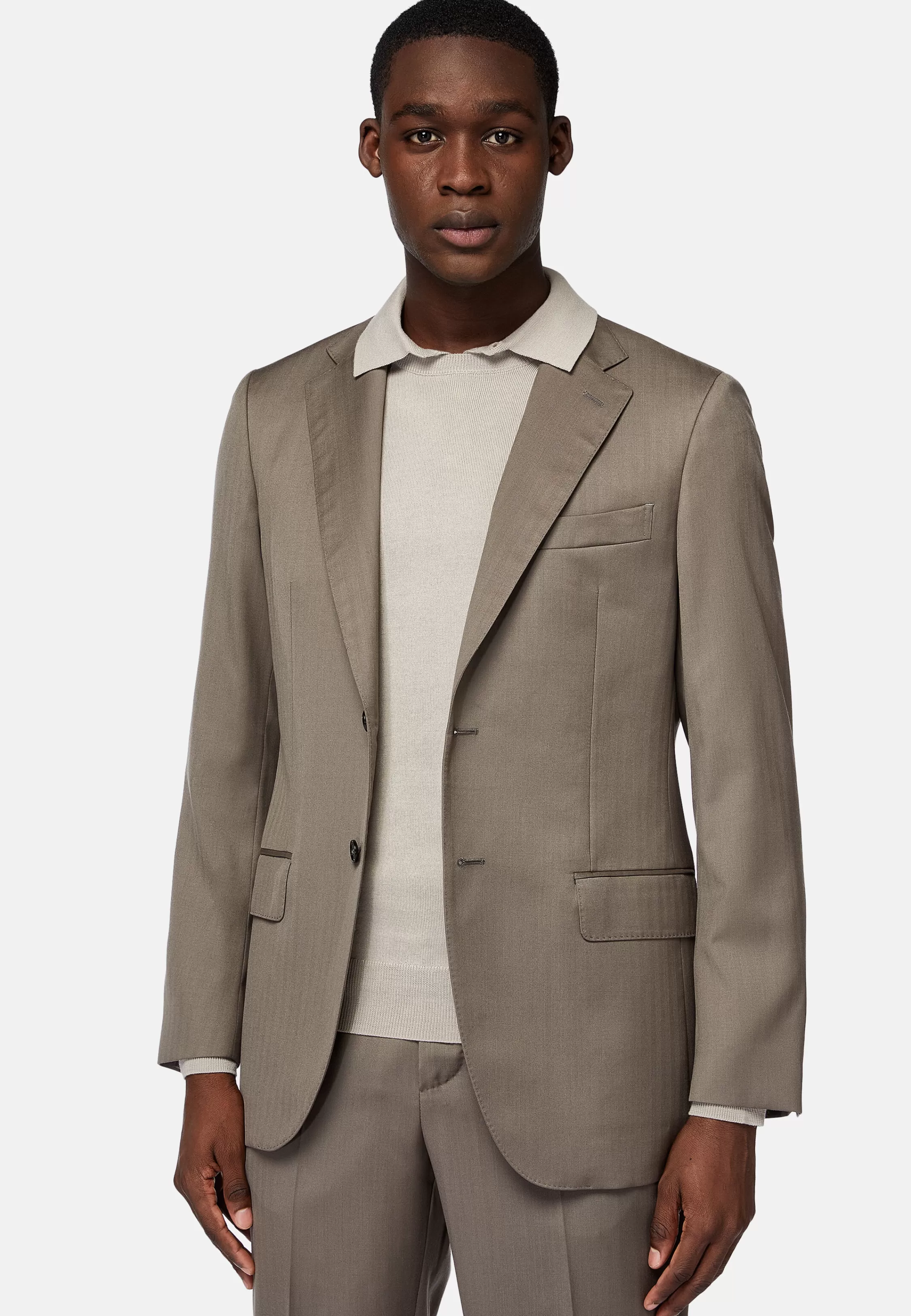 Boggi Milano Dove Grey Herringbone Pure Wool Suit