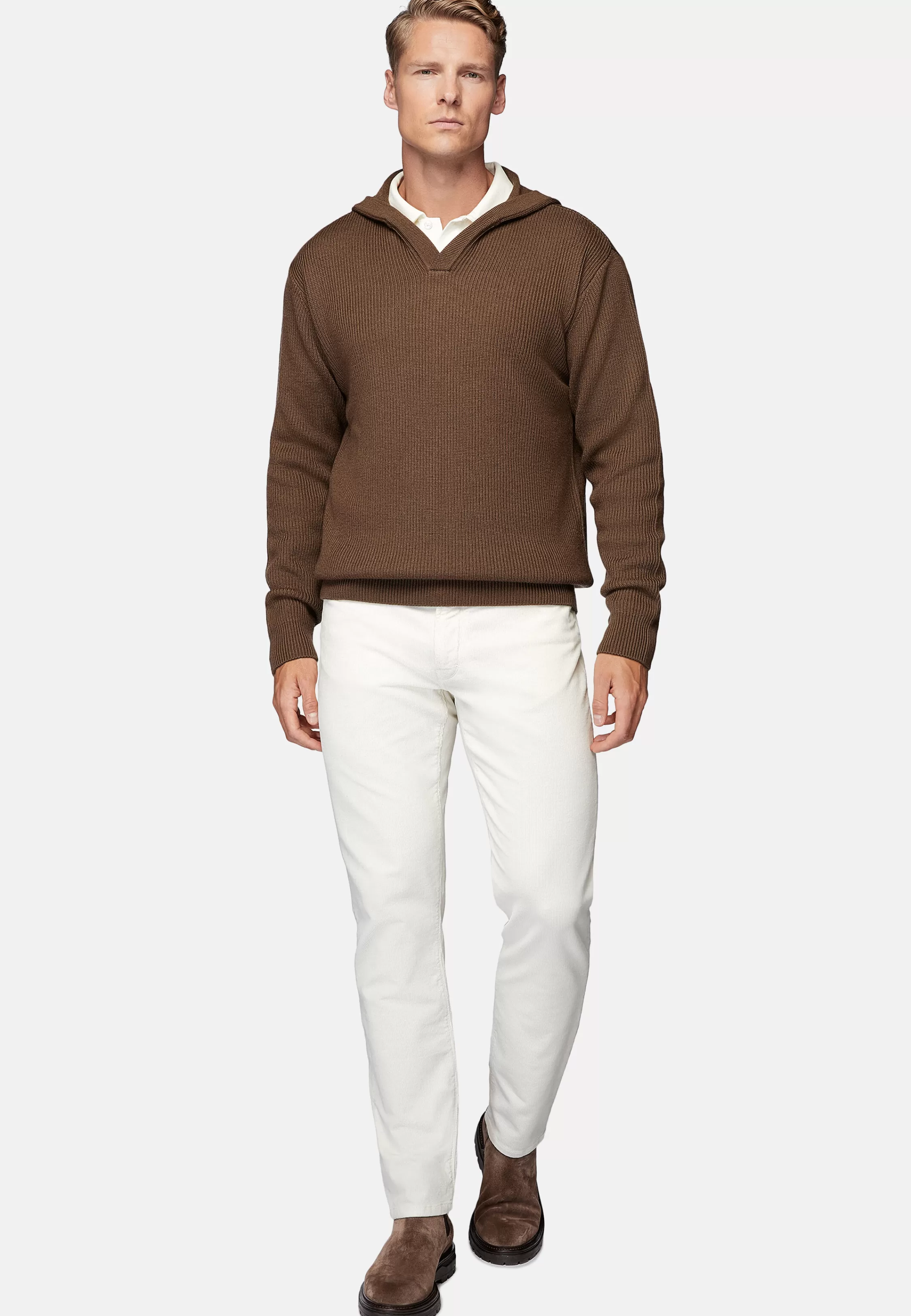 Boggi Milano Hazelnut V Neck Hoodie In Merino Wool