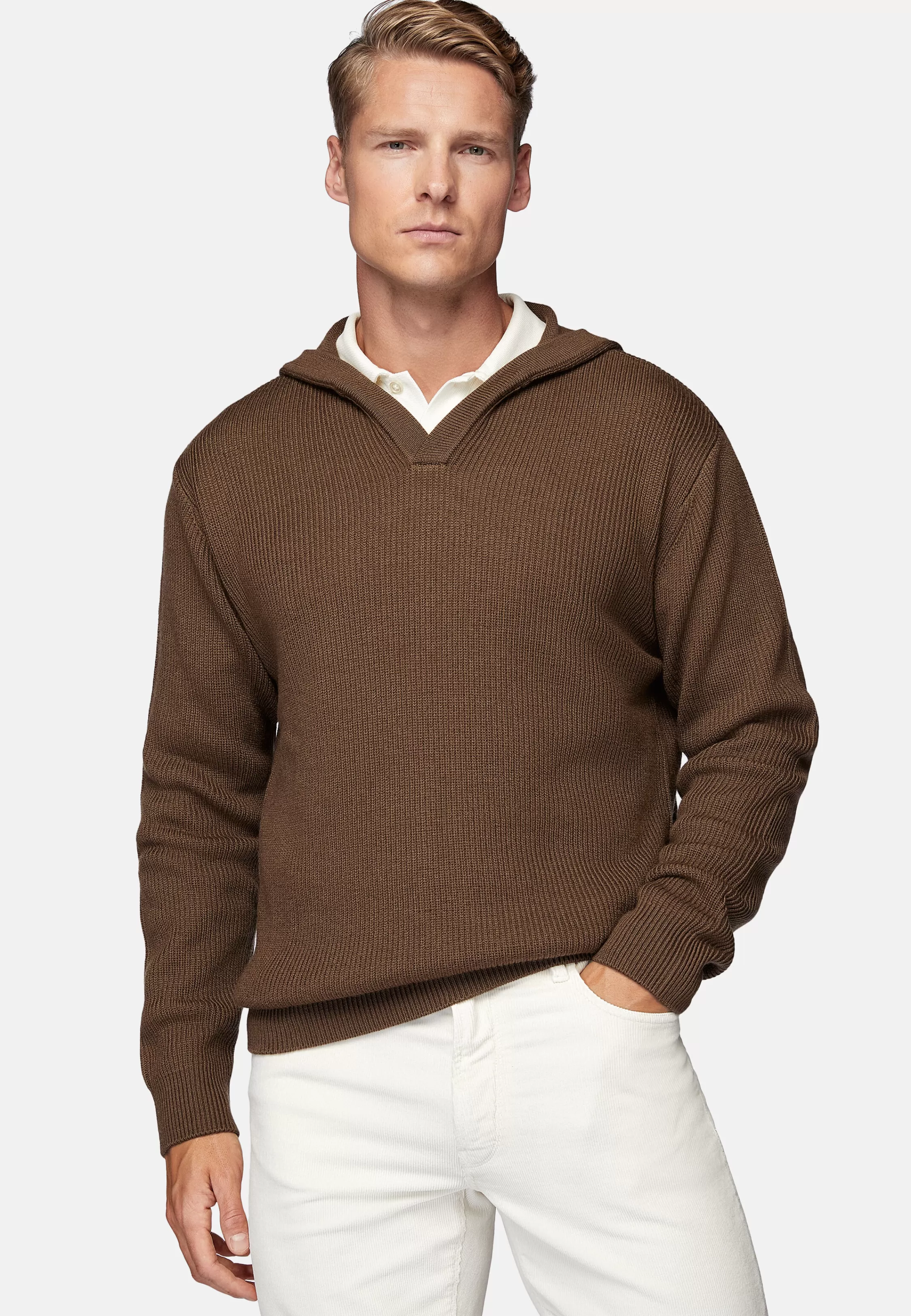 Boggi Milano Hazelnut V Neck Hoodie In Merino Wool