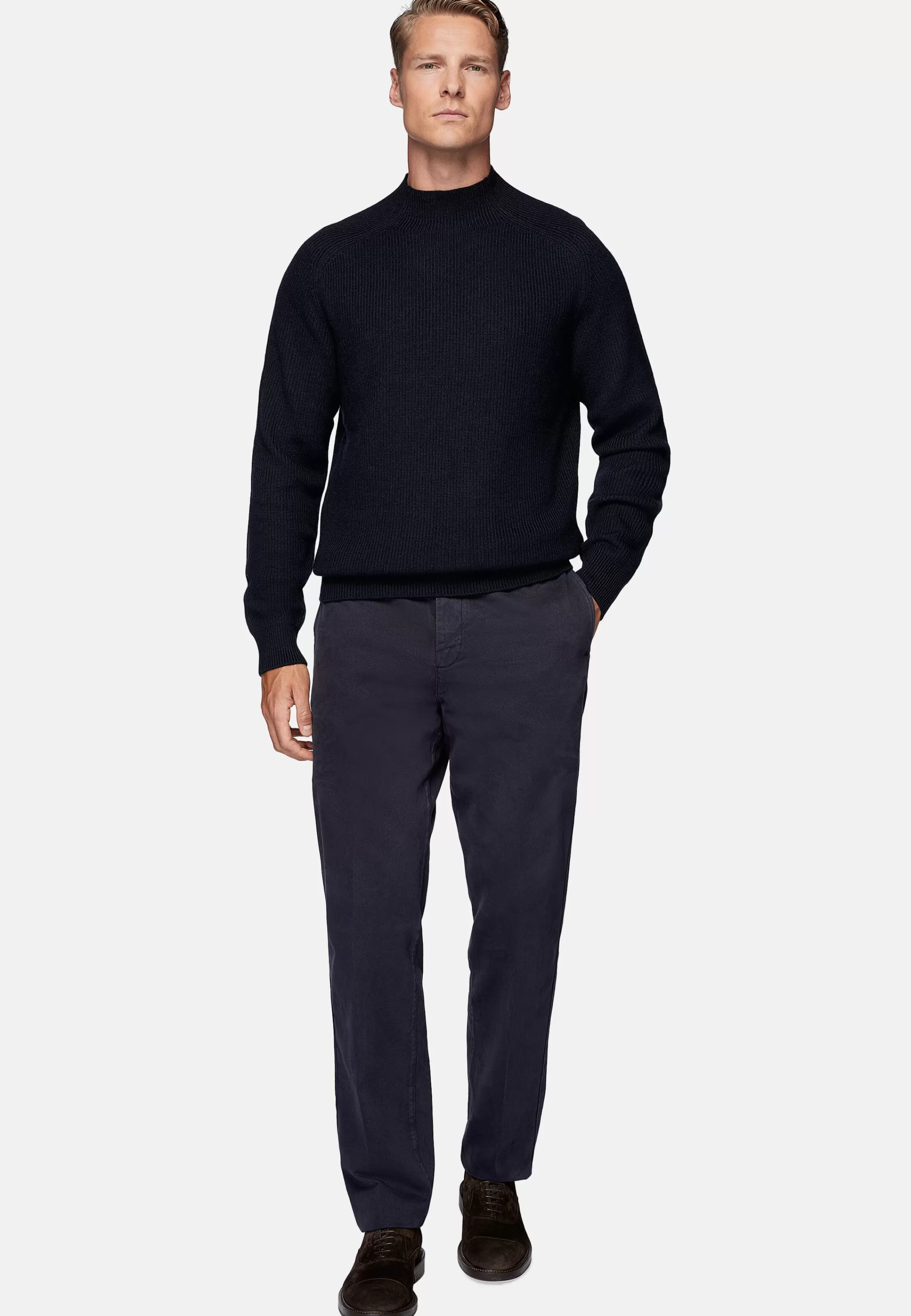 Boggi Milano Navy Blue Merino Wool Mock Polo Neck Jumper