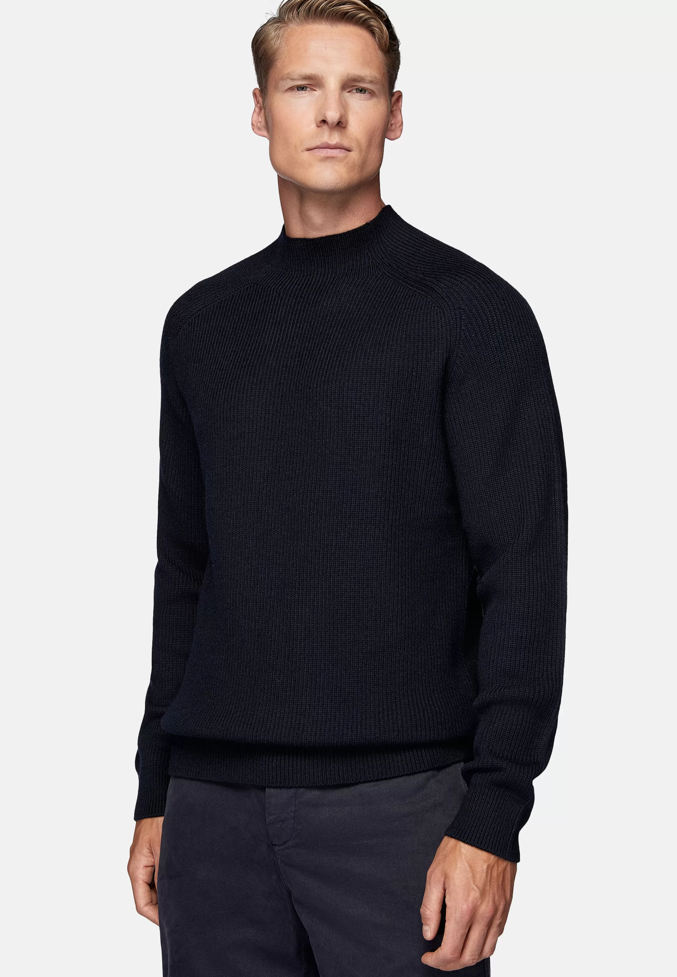 Boggi Milano Navy Blue Merino Wool Mock Polo Neck Jumper