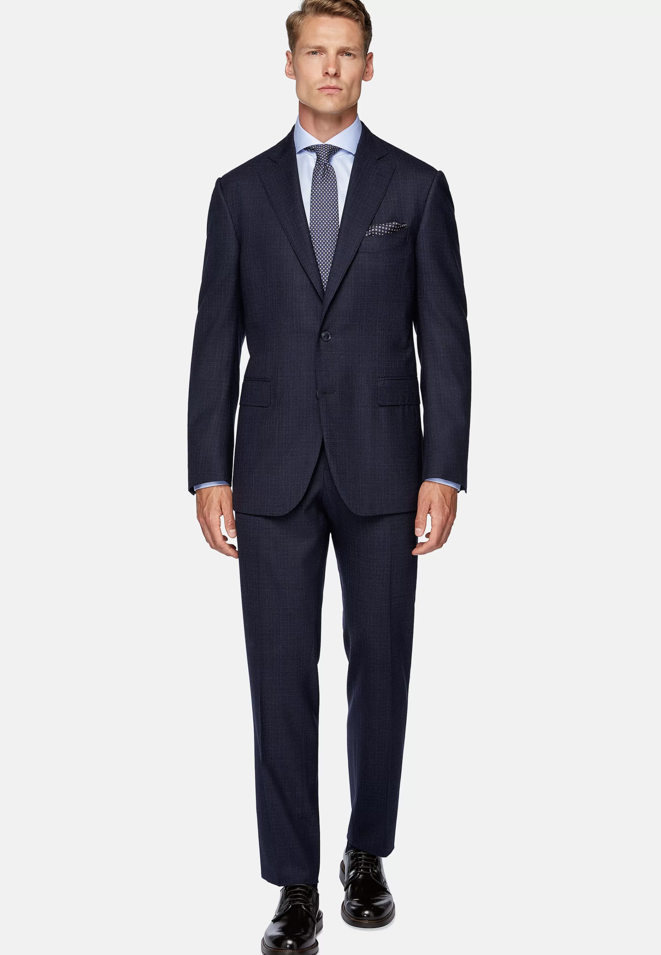 Boggi Milano Navy Blue Micro Patterned Suit In Stretch Wool