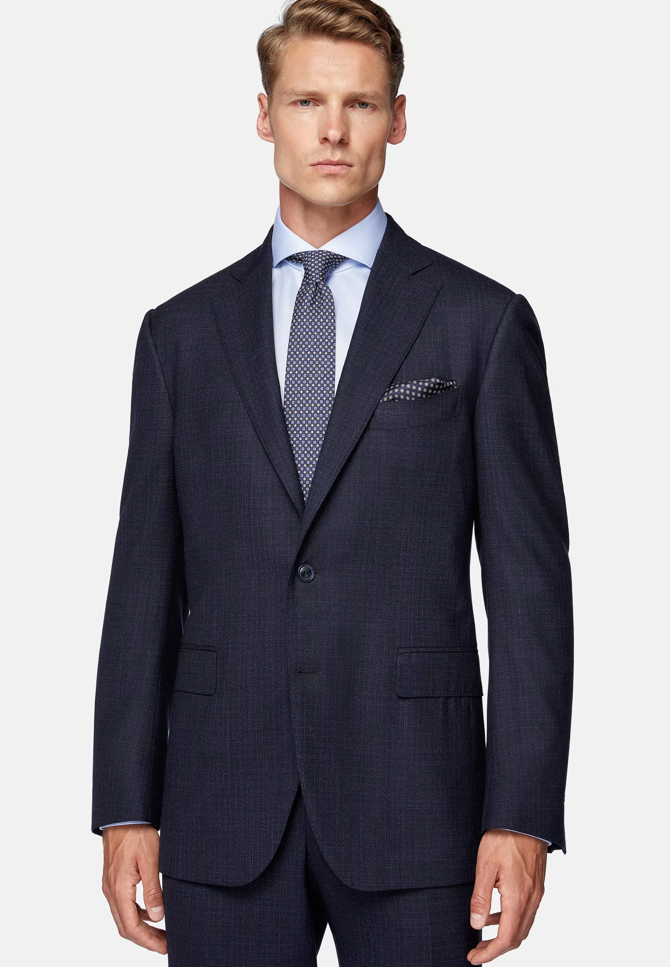 Boggi Milano Navy Blue Micro Patterned Suit In Stretch Wool