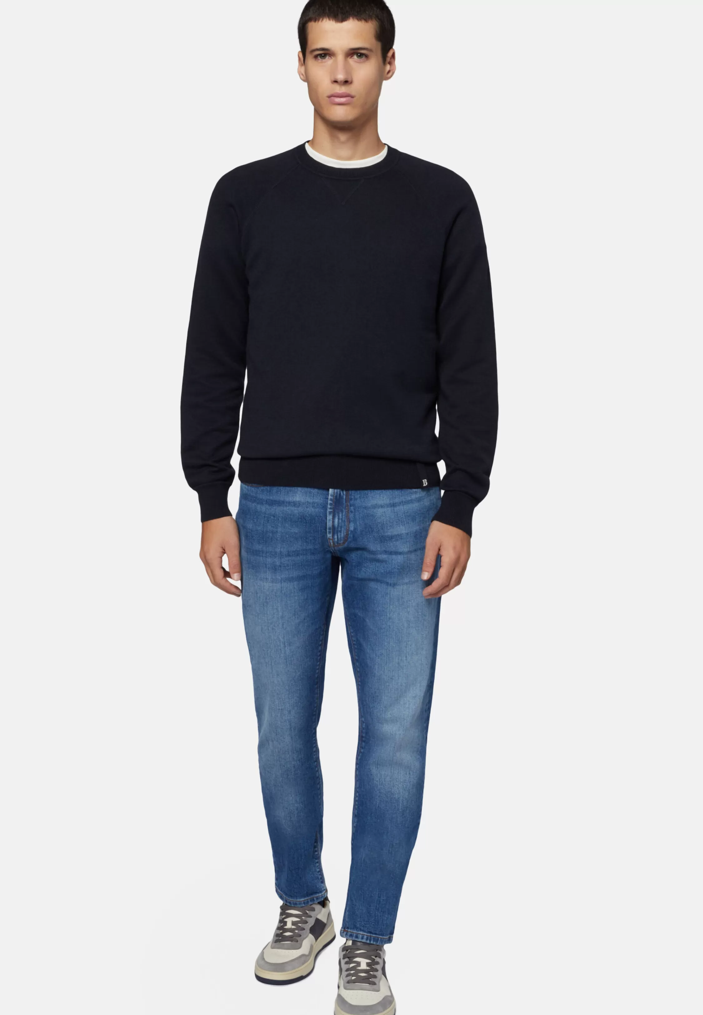 Boggi Milano Navy Crew Neck Jumper In Cotton, Silk And Cashmere