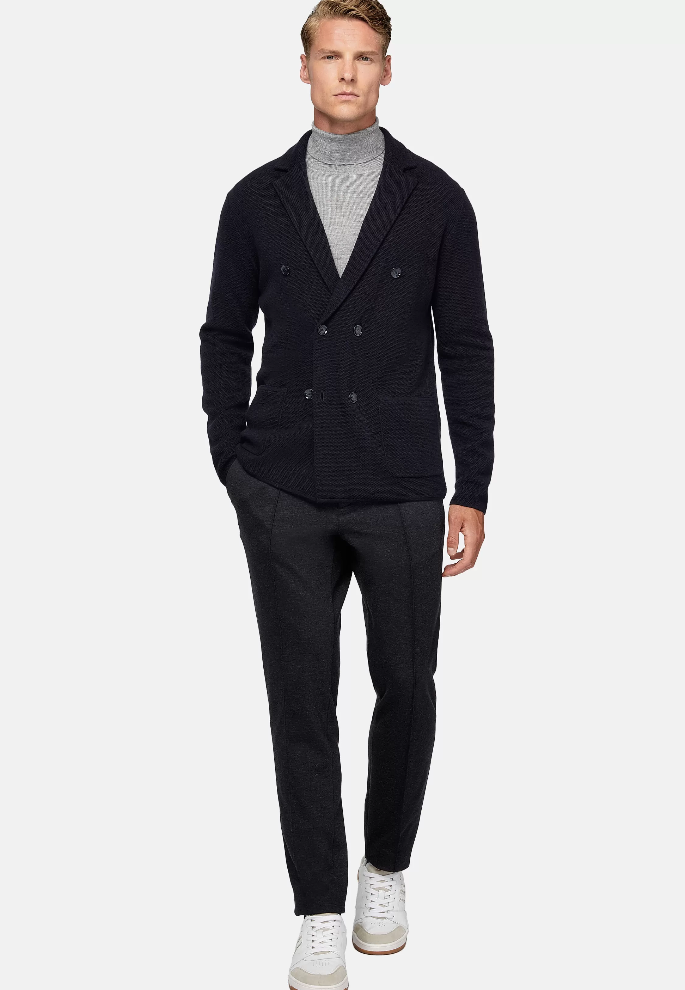 Boggi Milano Navy Double-Breasted Knitted Merino Wool Jacket