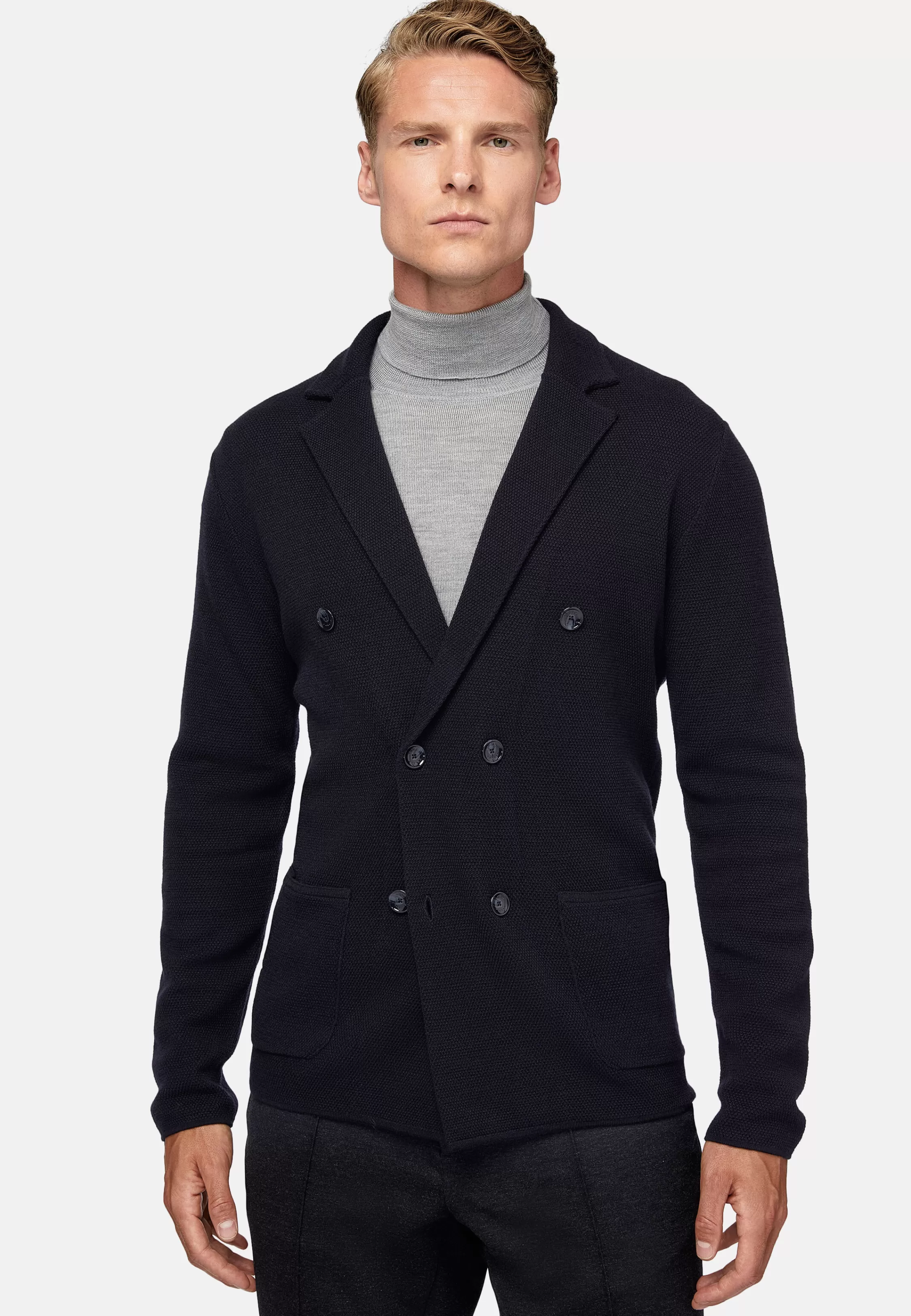 Boggi Milano Navy Double-Breasted Knitted Merino Wool Jacket