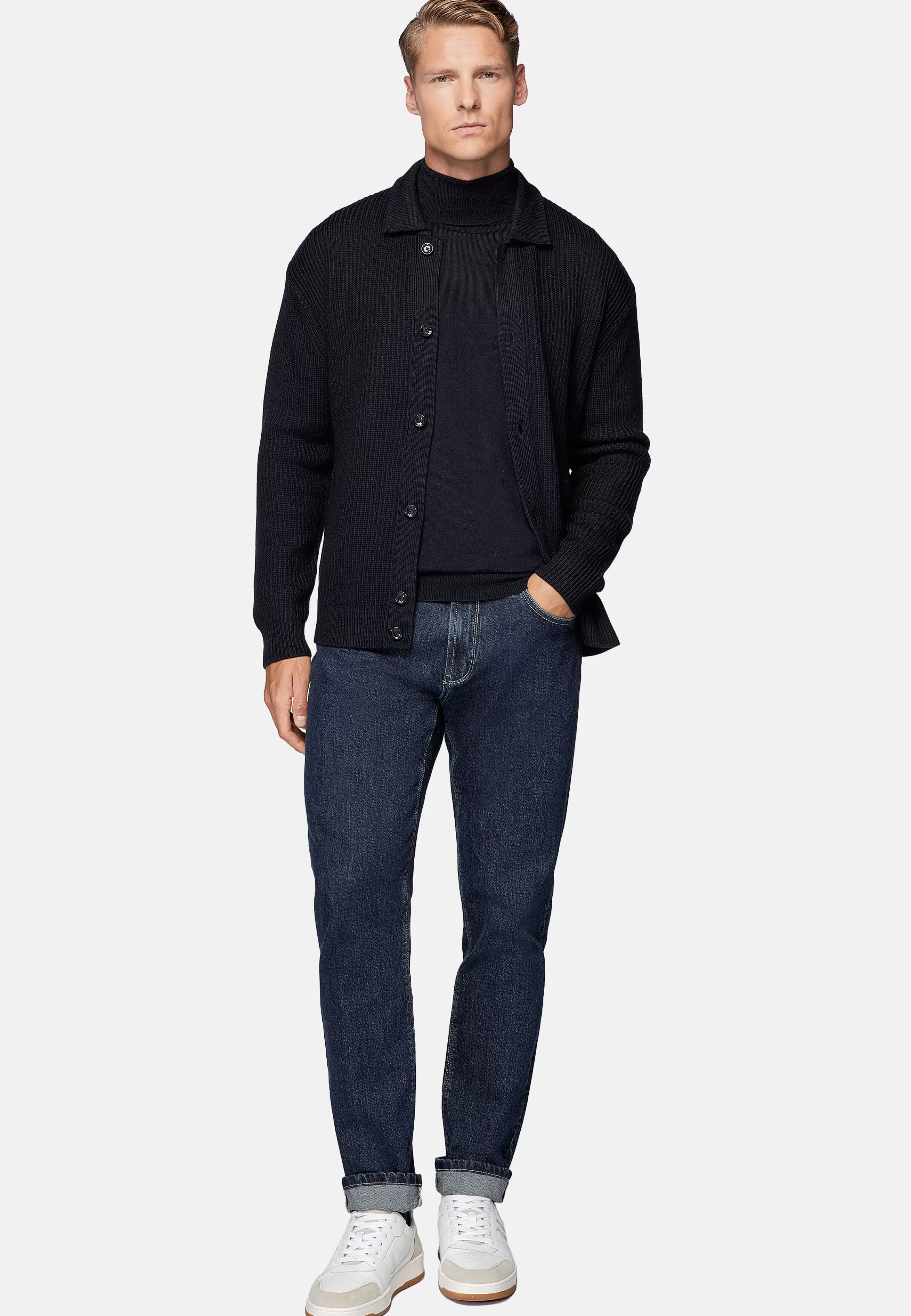 Boggi Milano Navy Shirt Neck Cardigan In Merino Wool