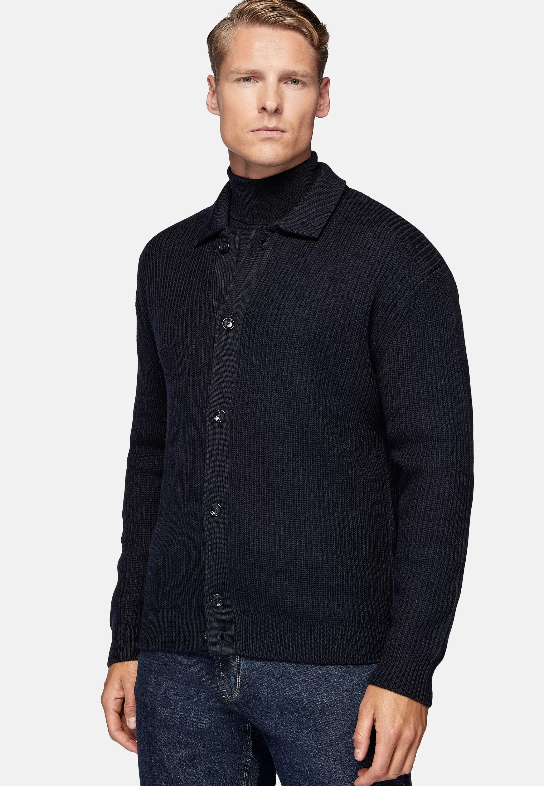 Boggi Milano Navy Shirt Neck Cardigan In Merino Wool