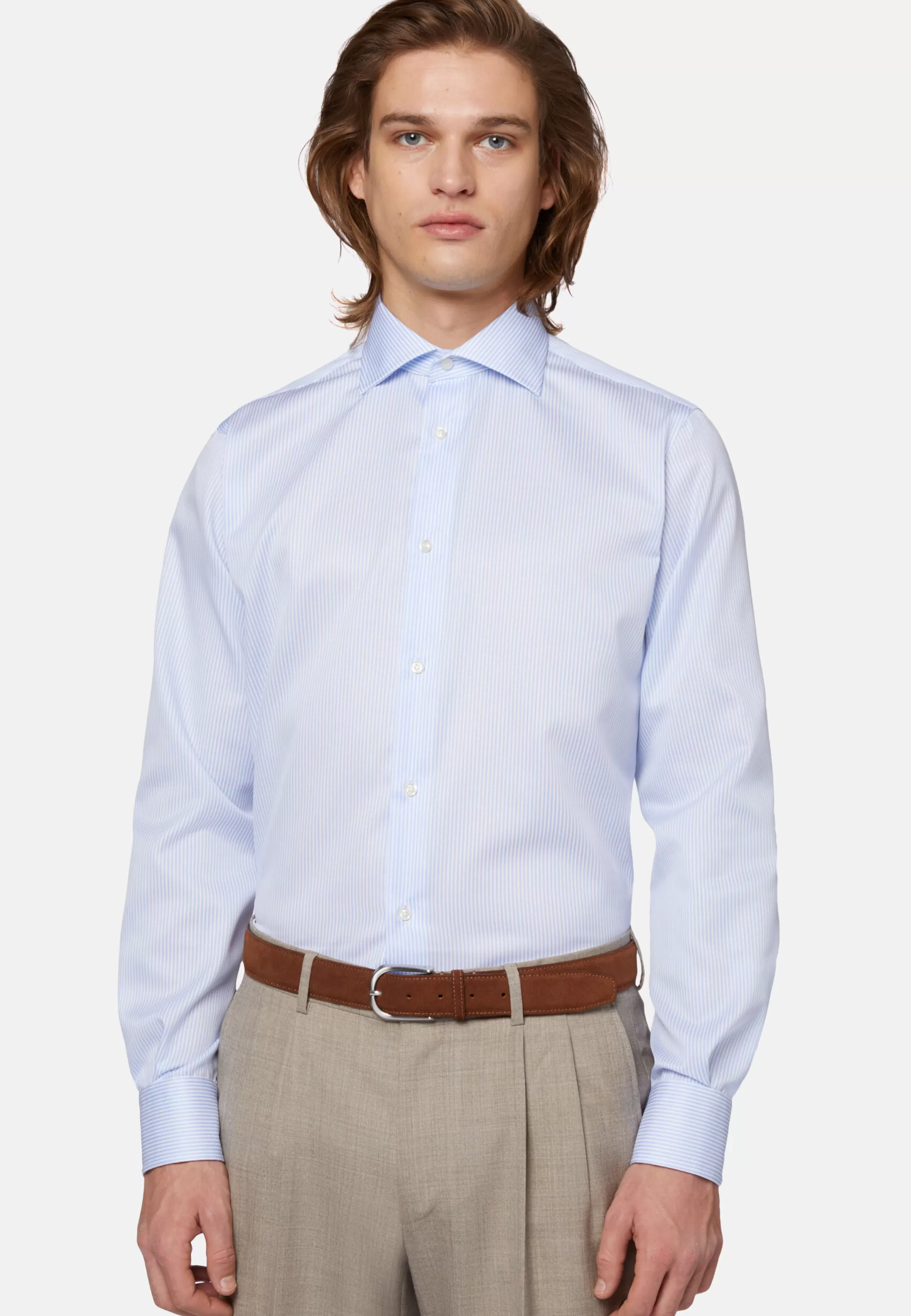 Boggi Milano Regular Fit Sky Blue Striped Dobby Cotton Shirt