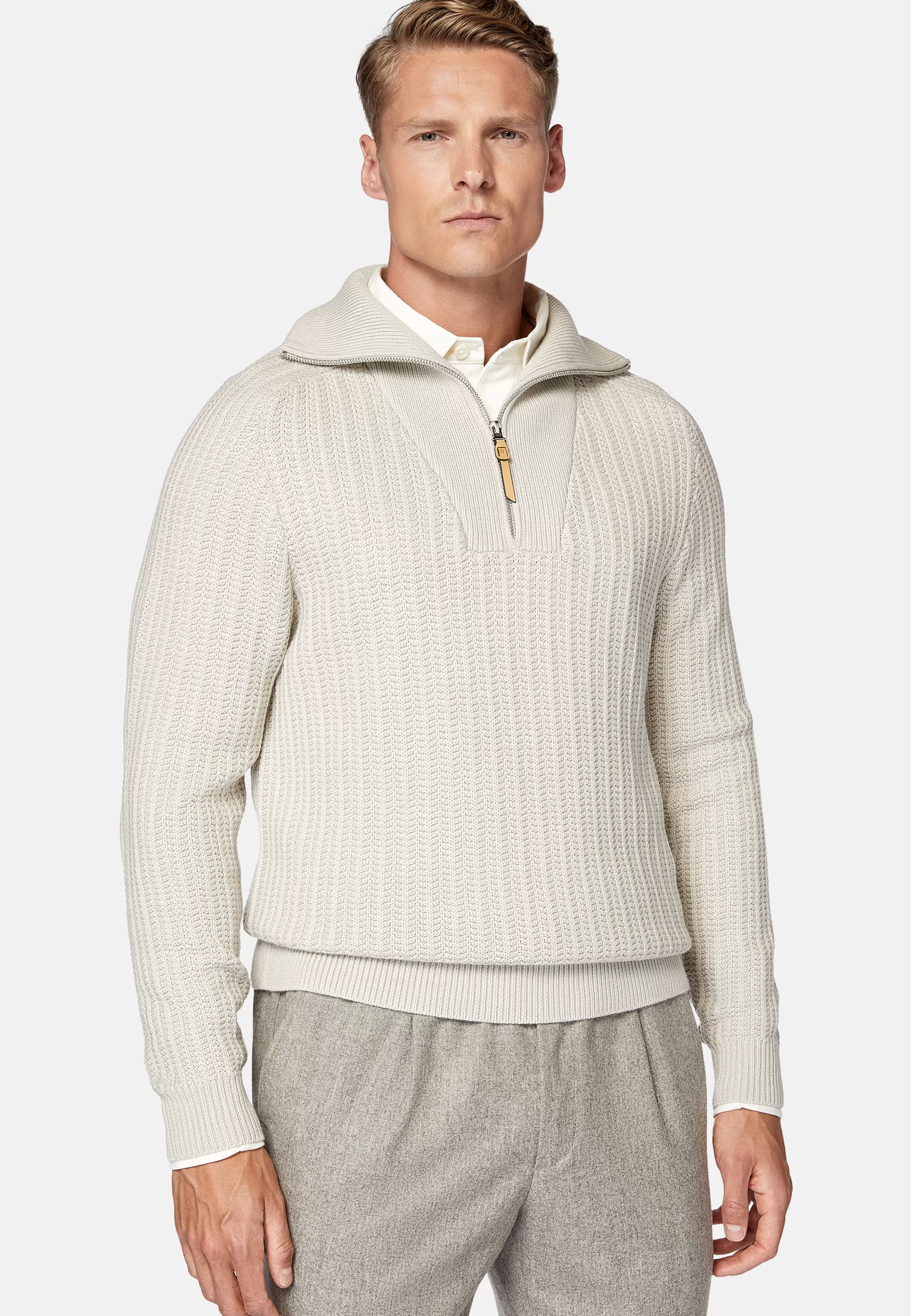 Boggi Milano Sand Merino Wool Half Zip Jumper