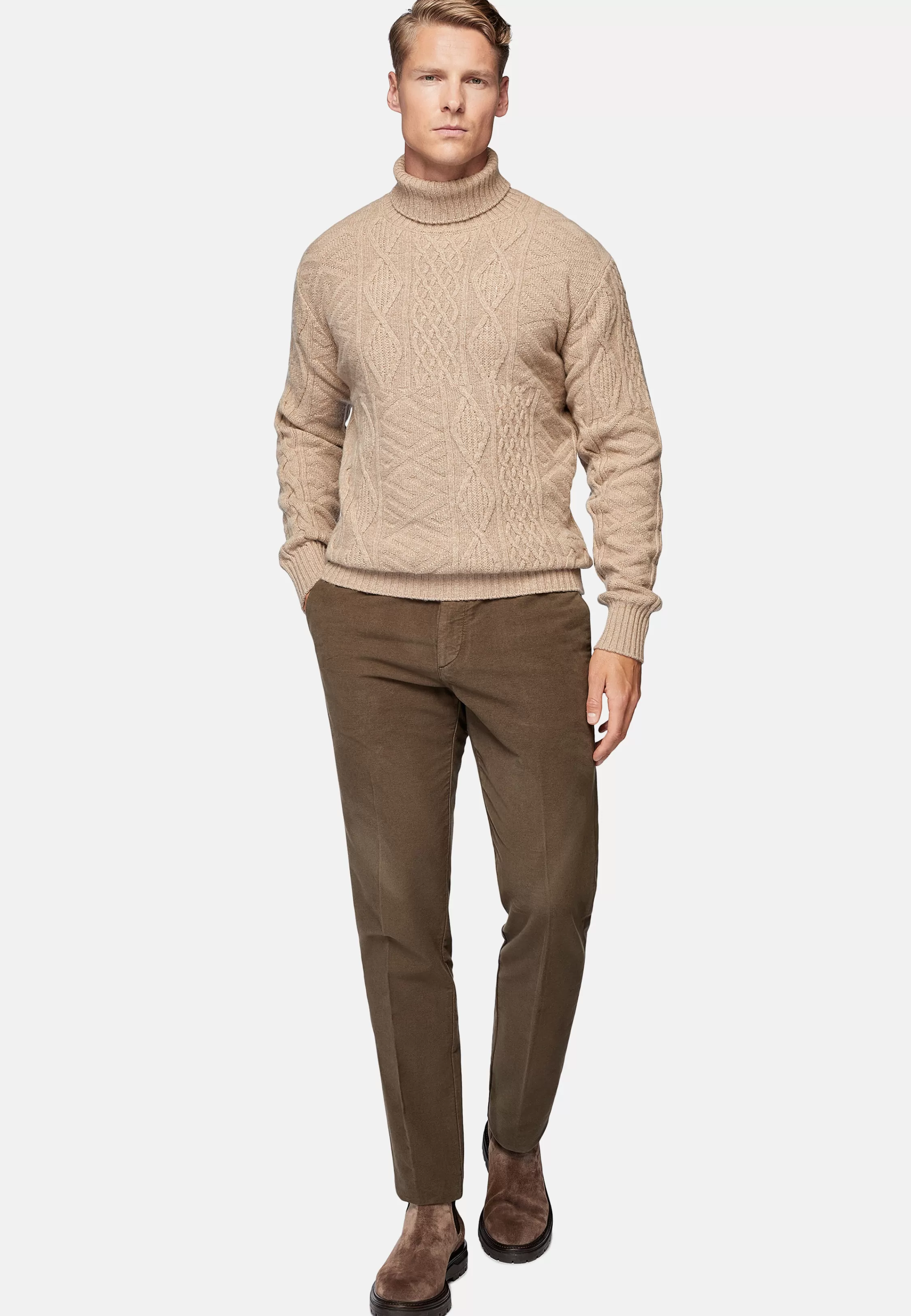 Boggi Milano Sand Mixed Knit Polo Neck Jumper In Merino Wool