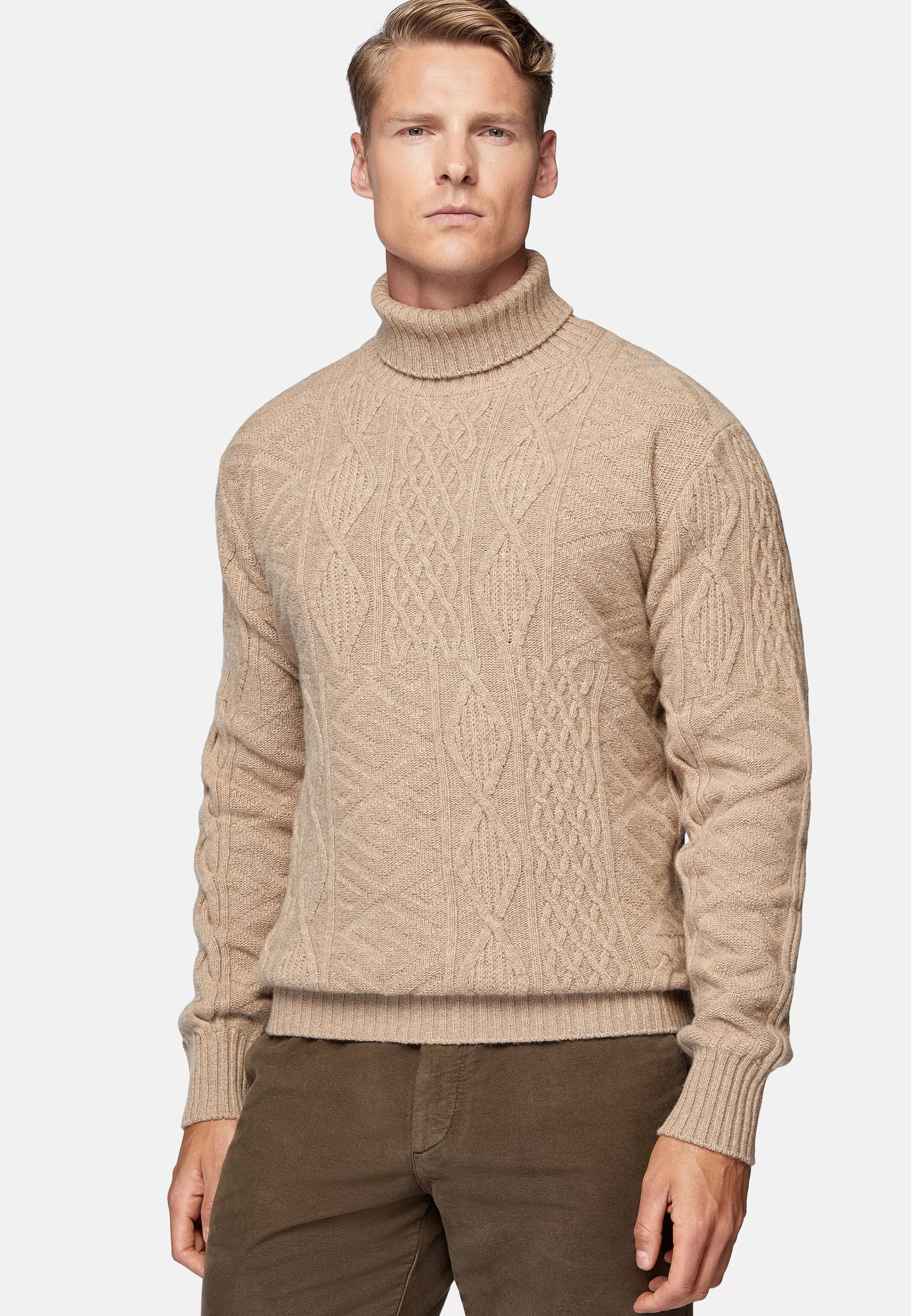 Boggi Milano Sand Mixed Knit Polo Neck Jumper In Merino Wool