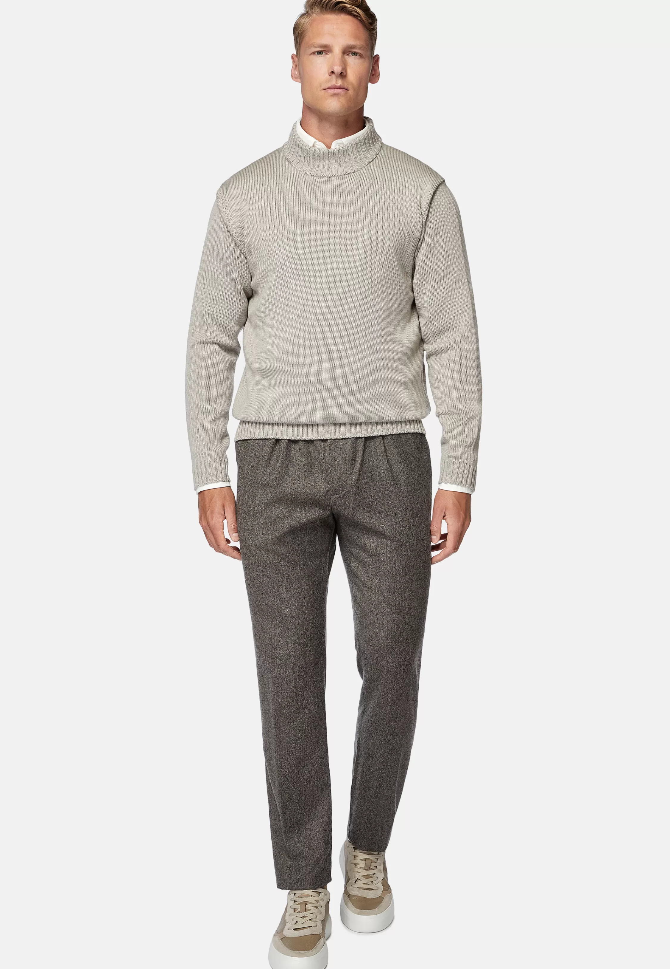 Boggi Milano Sand Mock Polo Neck Jumper In Merino Wool