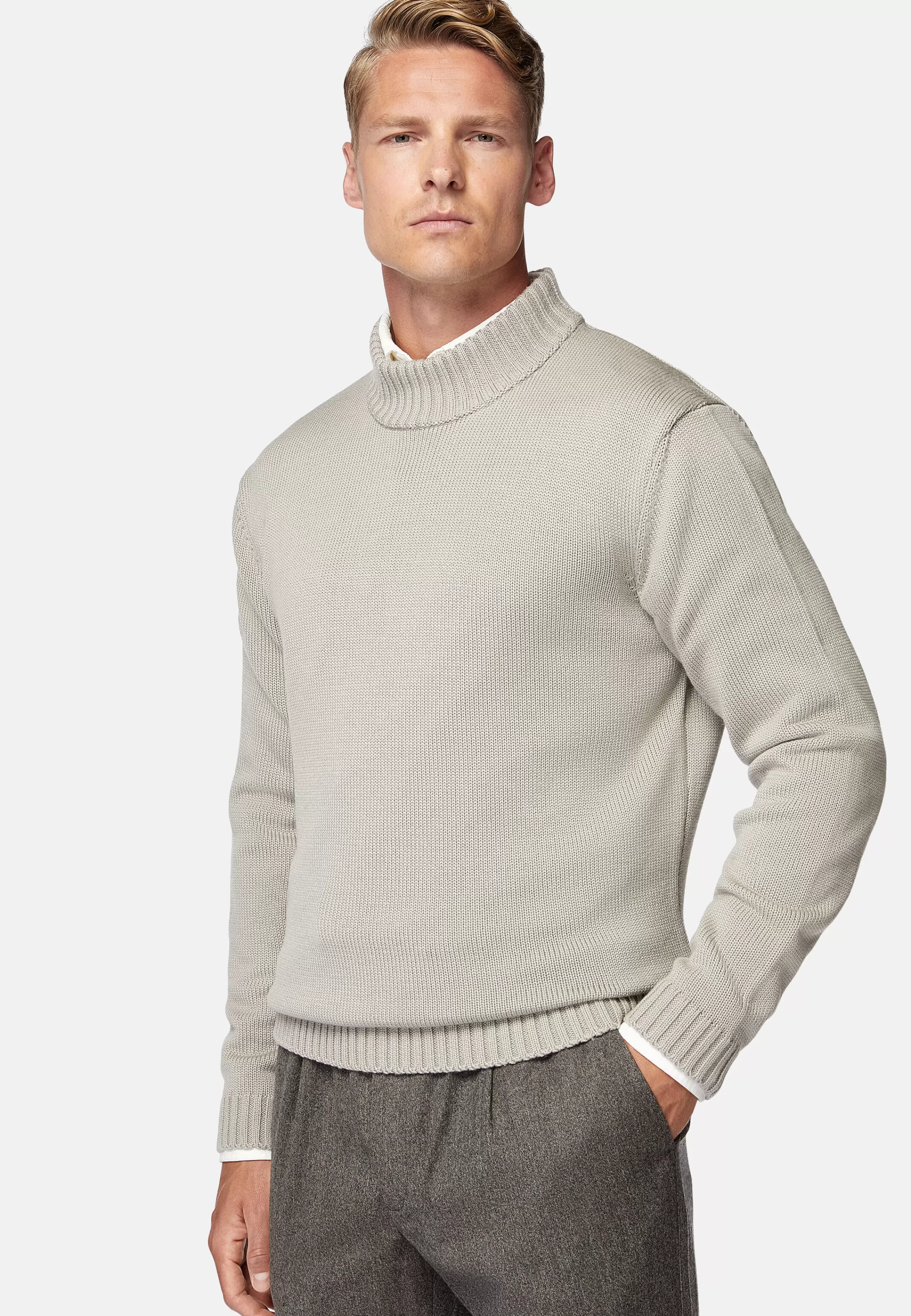 Boggi Milano Sand Mock Polo Neck Jumper In Merino Wool