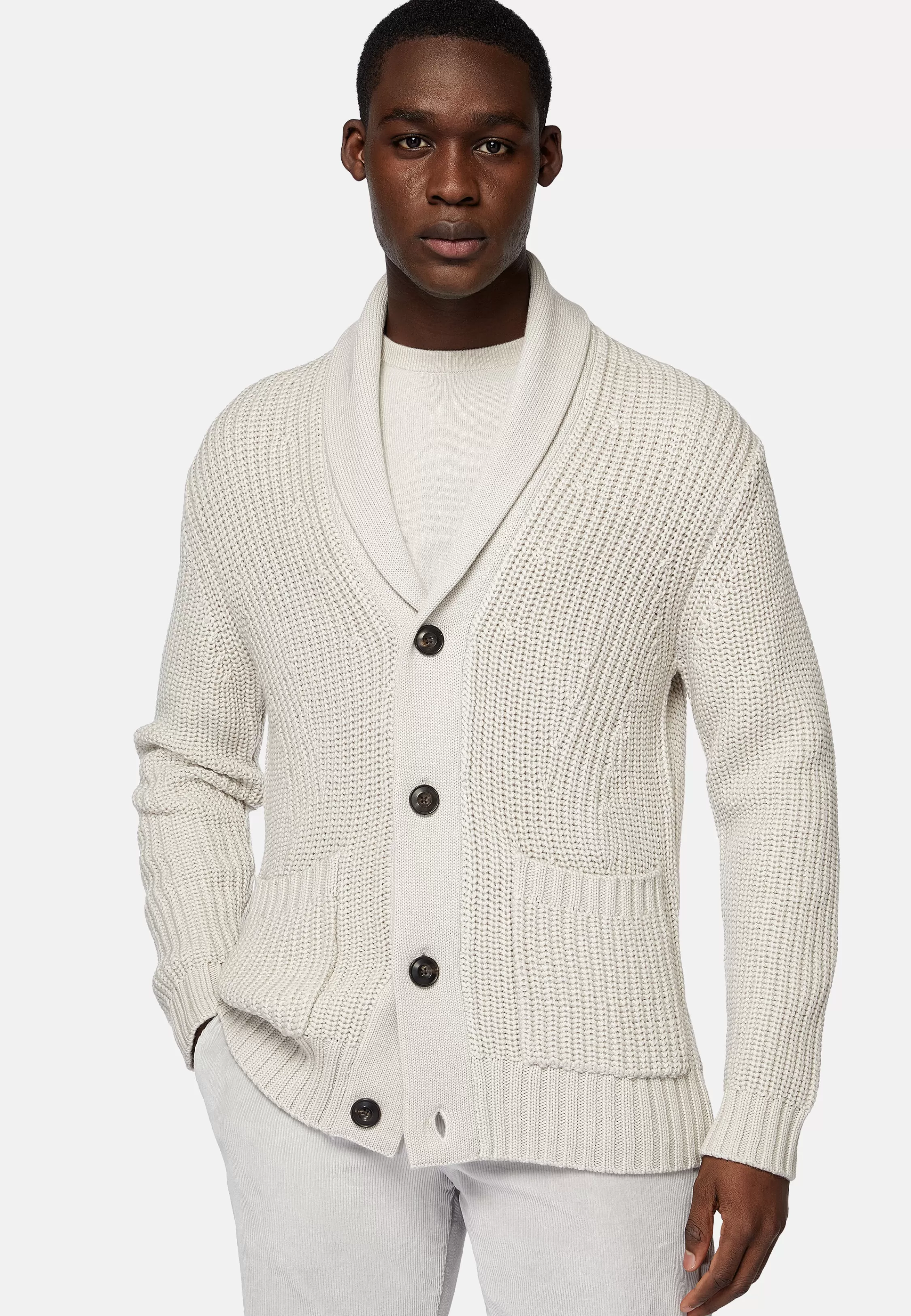 Boggi Milano Sand Shawl Neck Cardigan In Merino Wool