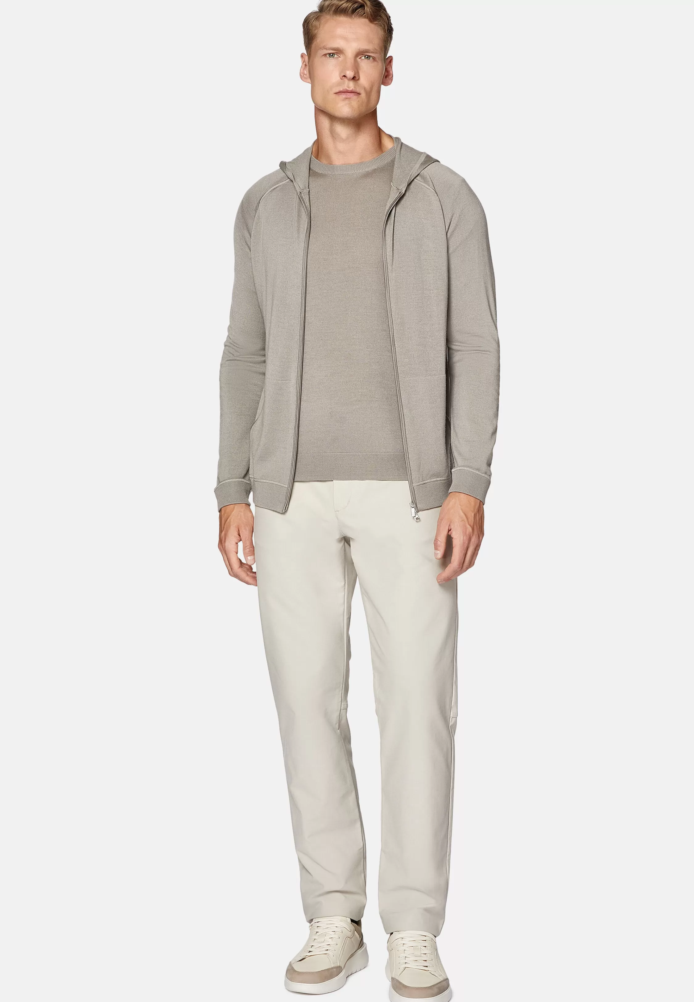 Boggi Milano Taupe Merino Wool Full Zip Hoodie