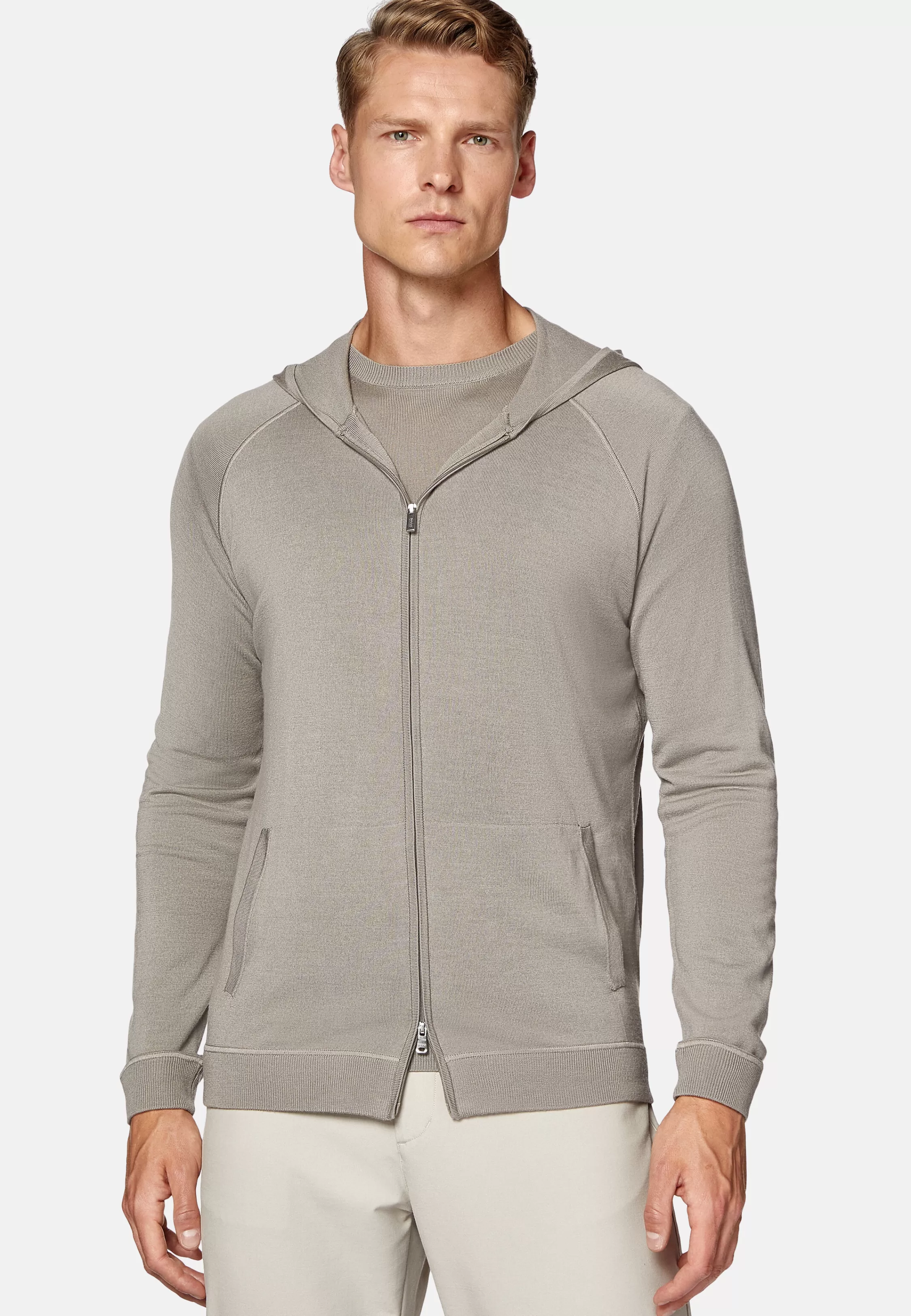 Boggi Milano Taupe Merino Wool Full Zip Hoodie